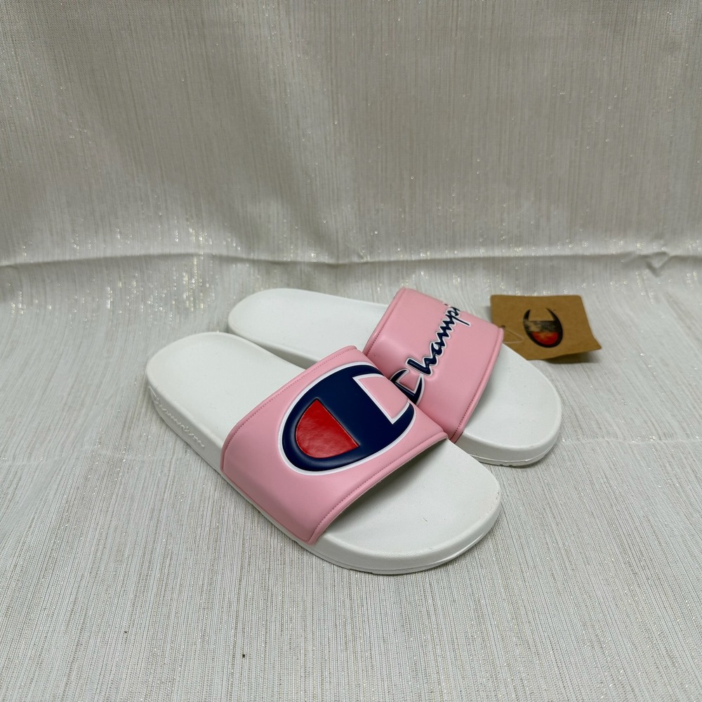 Champion IPO MM Kids Pink White Big C Script Logo Slide Sandals Size 3Y